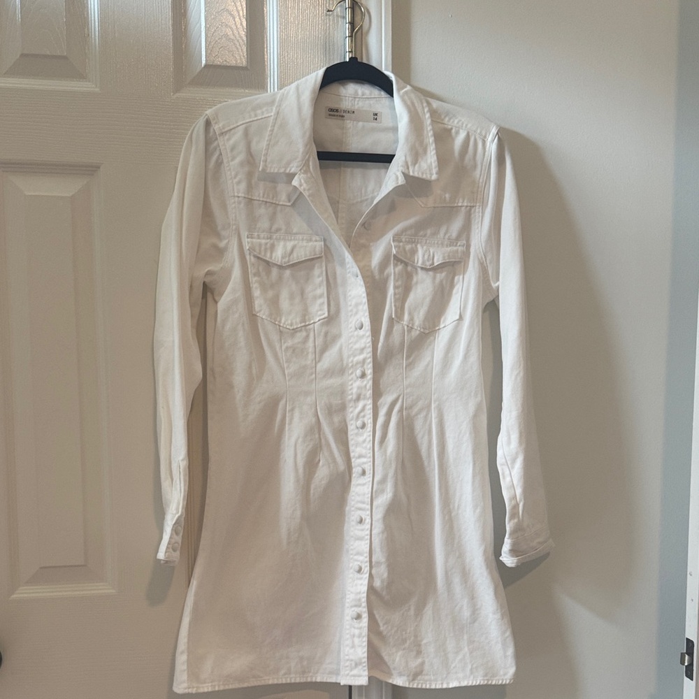 ASOS White Denim Button-Up Long Sleeve Shirt Dress with fitted waist